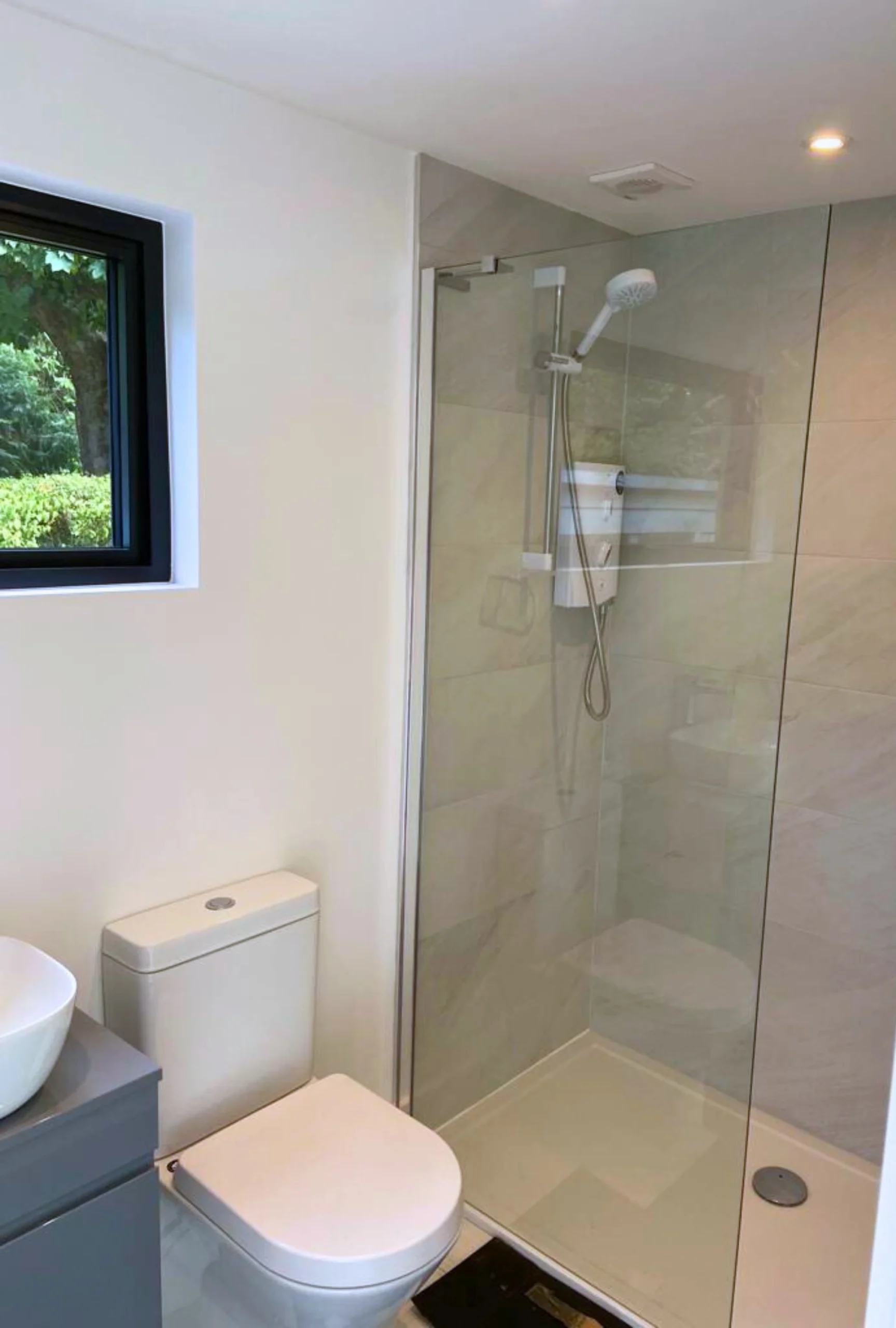 Interior shot of the shower room in a garden annexe built by Mypods in Sevenoaks